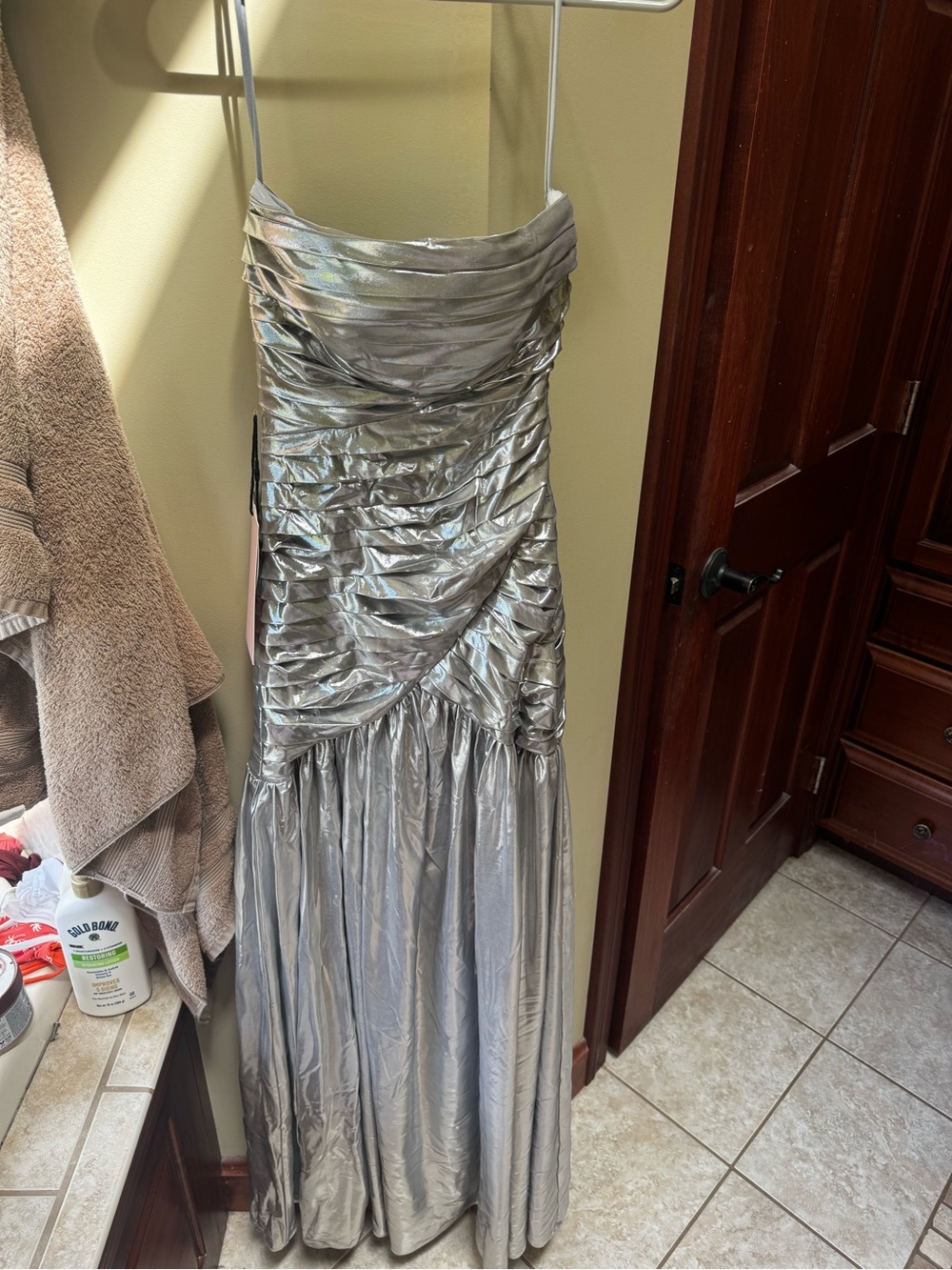 Kiss prom Silver Ruched Metallic Prom Gown with strapless